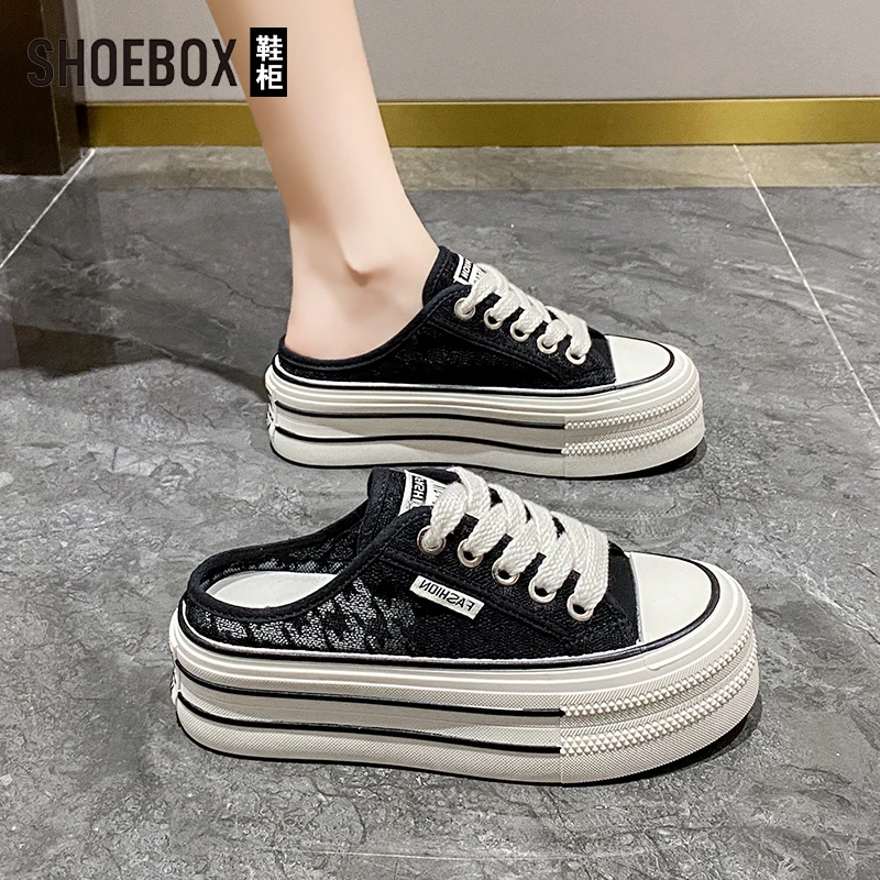 SHOEBOX鞋柜厚底半托小白鞋女2025新款百搭休闲松糕板鞋帆布鞋