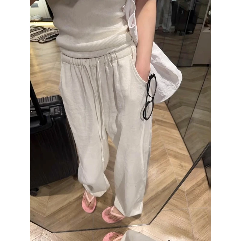 白色仿棉麻直筒阔腿裤女夏超好看简约显瘦舒适松紧高腰休闲长裤