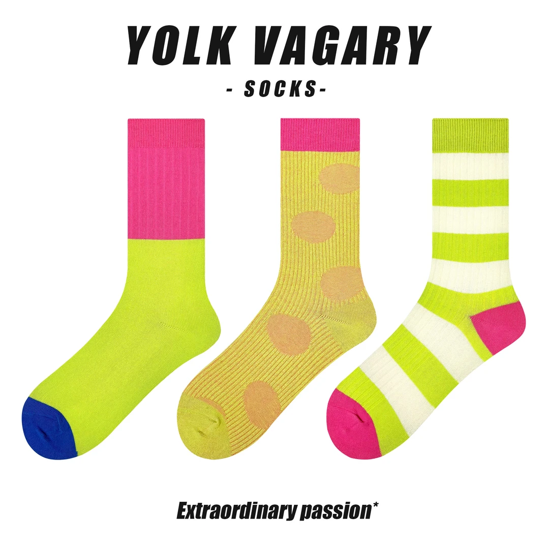 yolkvagary荧光绿色春季潮搭袜子复古条纹中筒女袜波点小众设计师