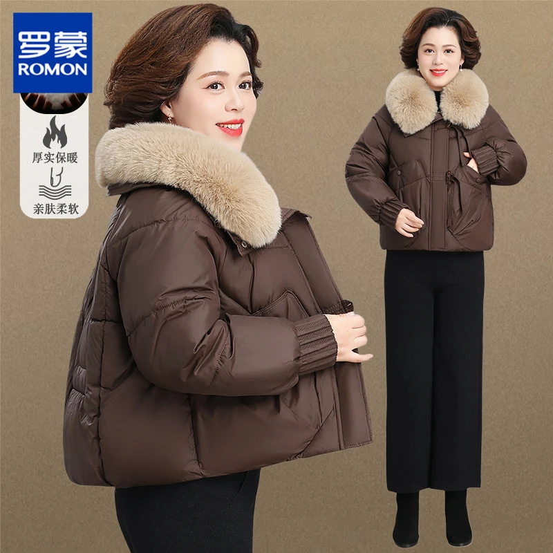 罗蒙中年妈妈冬装大毛领棉衣服新款棉服加厚棉袄中老年女秋冬外套