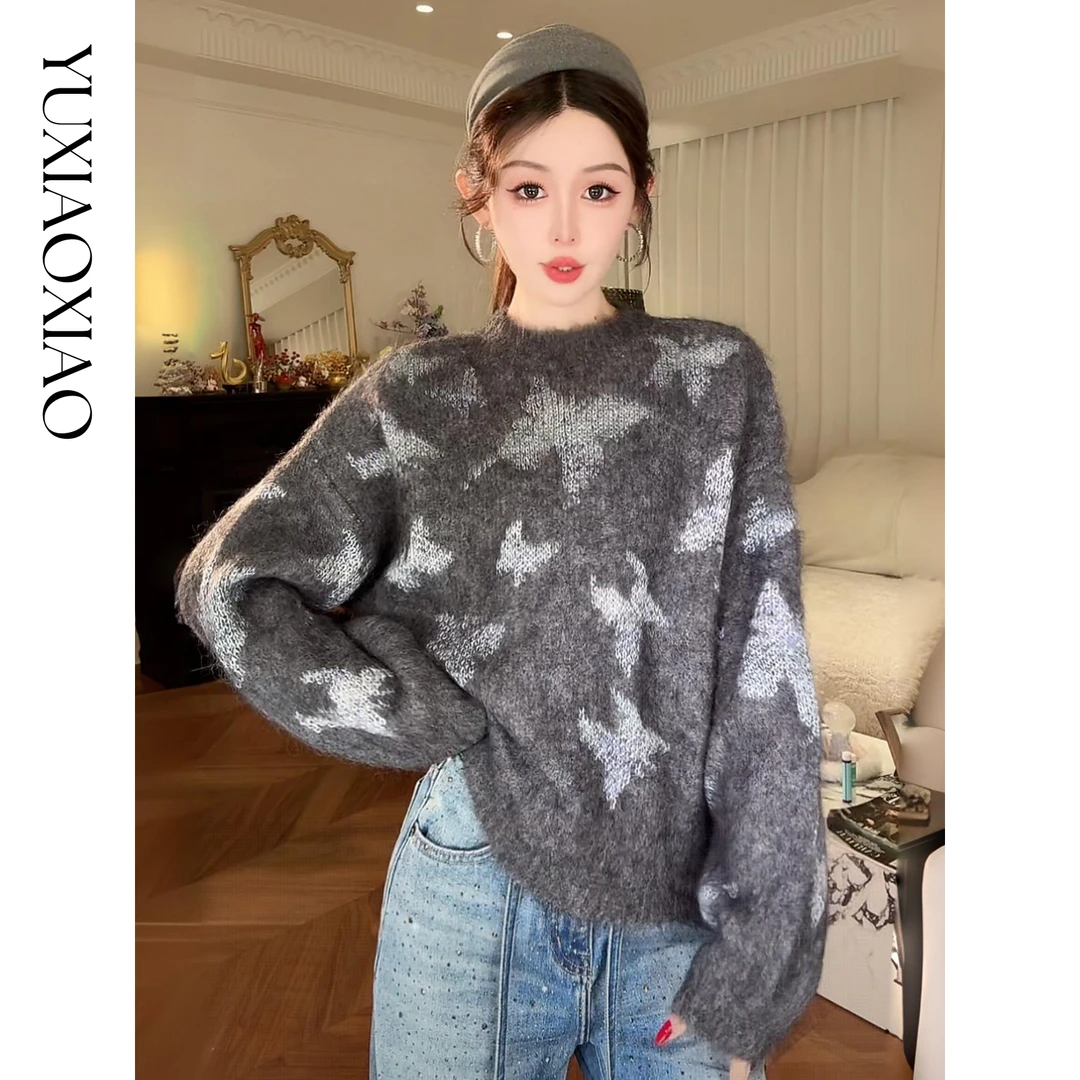 余潇潇【蝴蝶胶片】苏利羊驼毛绵羊毛亮片蝴蝶提花慵懒感圆领毛衣