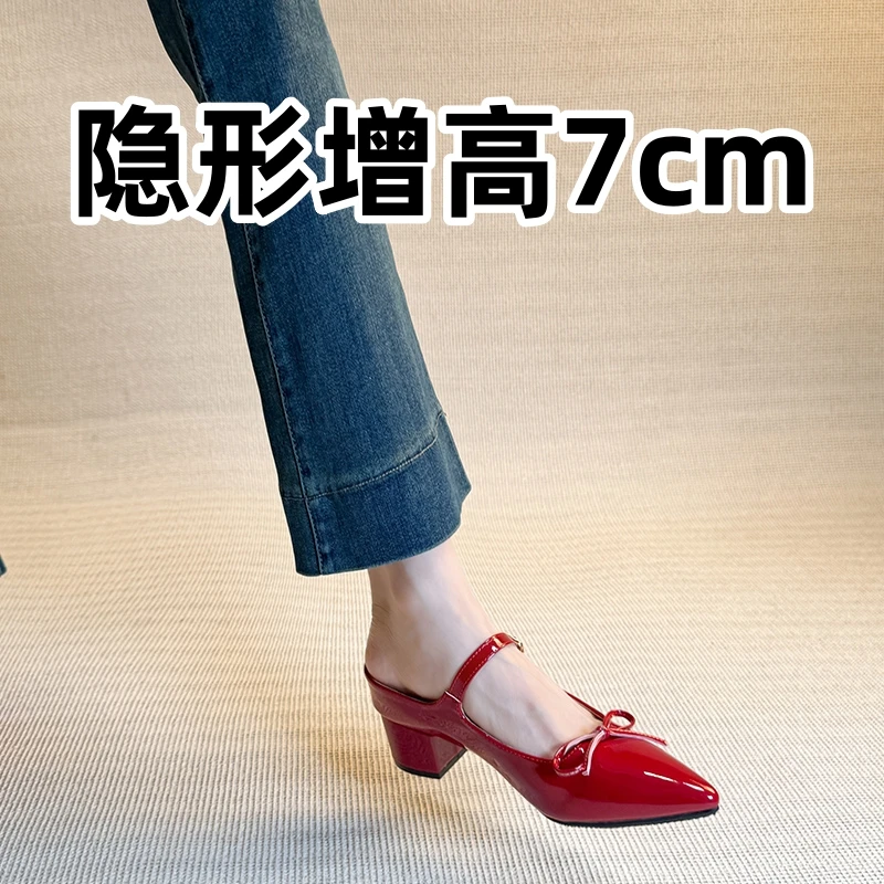 内增高小香风漆皮包头半拖鞋女2025年夏季小个子蝴蝶结穆勒鞋拖鞋