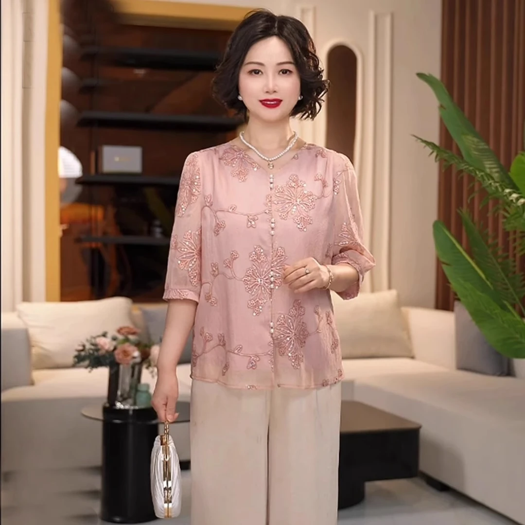 母亲节妈妈装粉黛霓裳新中式国风亮片刺绣衬衫妈妈装夏季气质套装