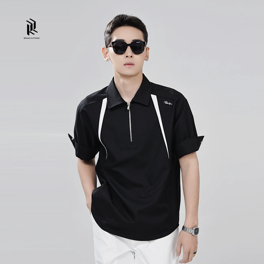 『旧事窖藏 暮色存档』夏季刺绣拼接拉链折袖百搭男翻领短袖衬衫