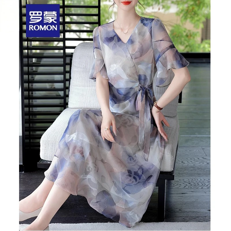 罗蒙时尚妈妈夏装雪纺连衣裙40岁花色新款裙子中老年女V领过膝裙