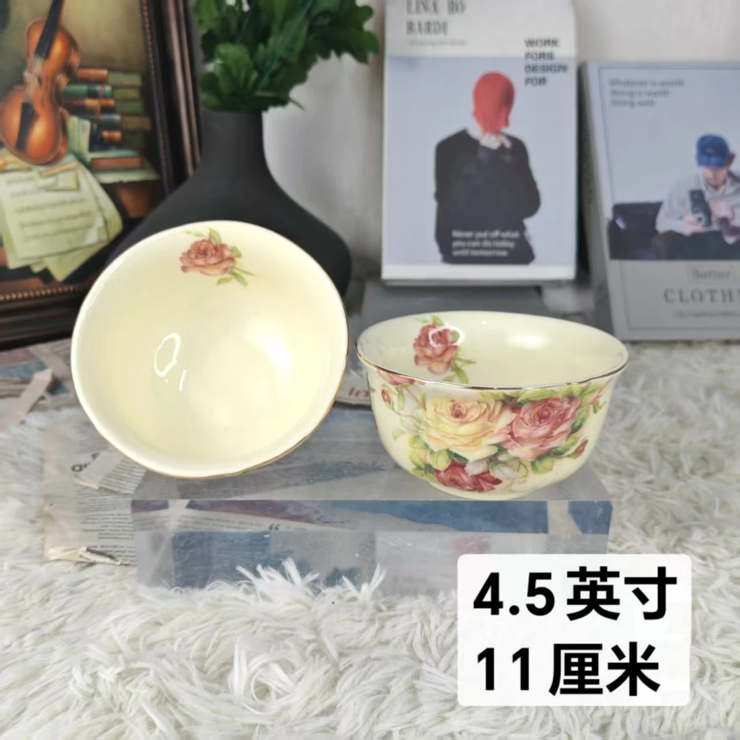 【玲珑专属】陶瓷欧式米饭碗老镇玫瑰描金家用吃饭4.5英寸碗蘸料碗