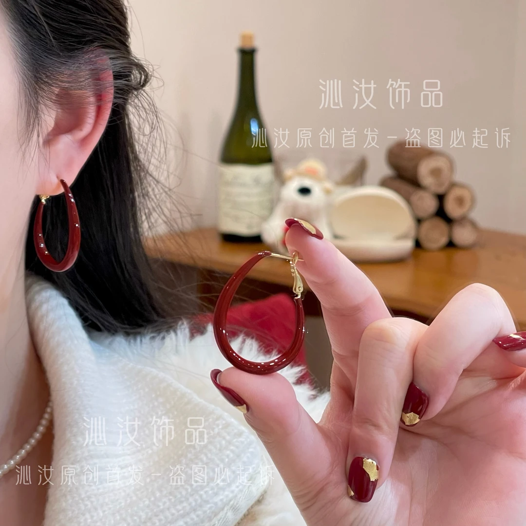 【沁汝饰品】QR186红色质感耳圈复古百搭气质高级
