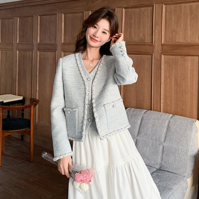 小香风高级感精致短款外套+马甲女两件套2025年春季新款甜美上衣