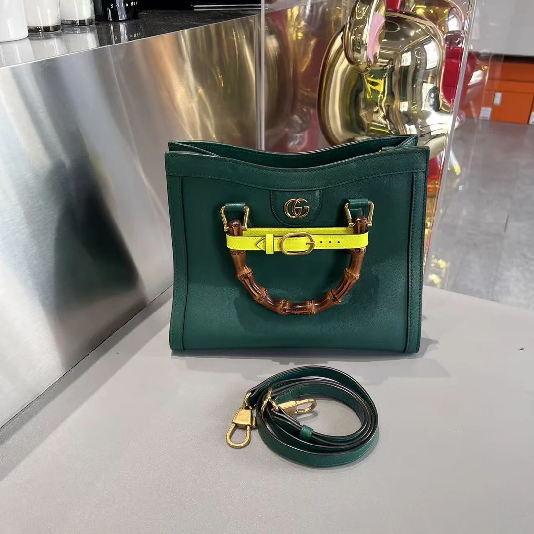 95新 GUCCI/古驰 Diana系列 祖母绿色/戴安娜竹节，中号手提肩背