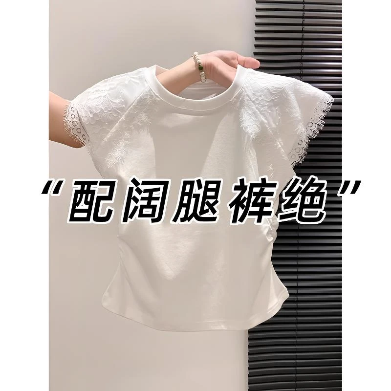 美到词穷！蕾丝拼接圆领短袖2025新款爆款褶皱收腰小飞袖短款上衣