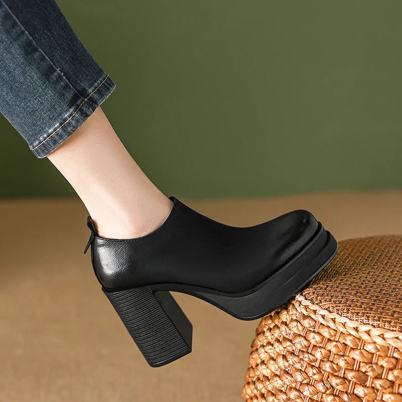 2025新款真皮粗跟防水台单鞋女复古百搭深口超高跟窝窝鞋舒适女鞋