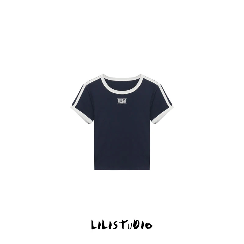 PCNY「藏蓝撞边」不理理早春新款女装百搭圆领撞色休闲短袖短款外套