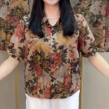 2025新款夏款大码翻领百搭外穿衬衫宽松显瘦遮肚子外搭印花妈妈装