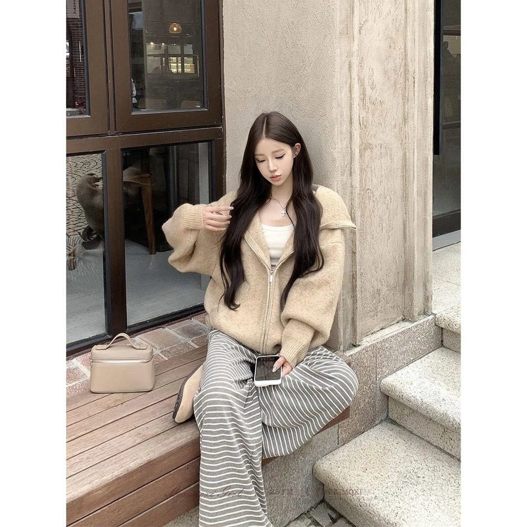 实价#羊驼绒#老钱风卡其色毛衣开衫外套女秋冬季慵懒拉链针织衫