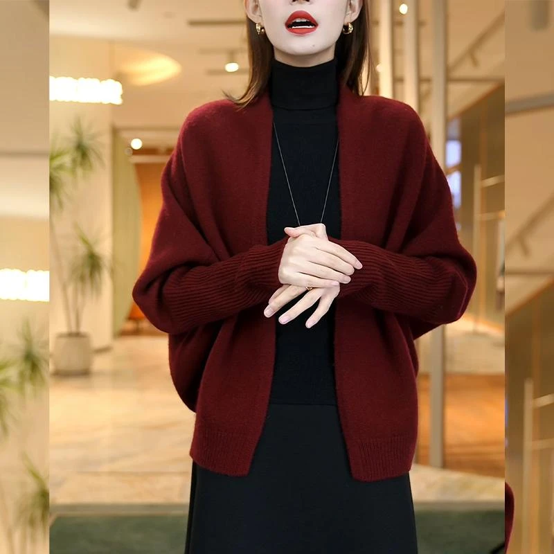 春秋洋气红色长袖保暖宽松针织开衫大码女装遮肚子百搭毛衣外套