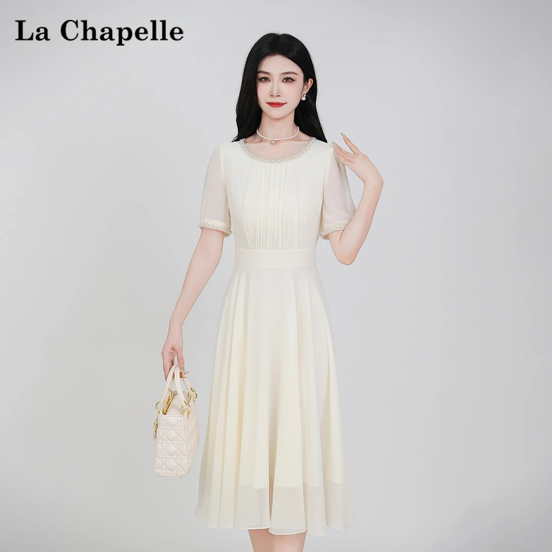 【拉夏贝尔】夏季法式设计感显瘦松紧腰短袖连衣裙