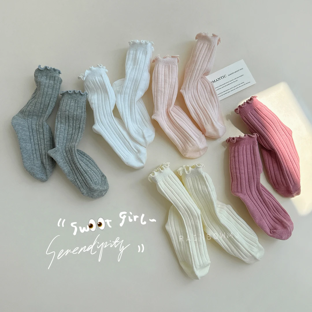 冬季童袜加厚印花短袜防臭白色冬季袜子极简风秋冬条纹木耳边女