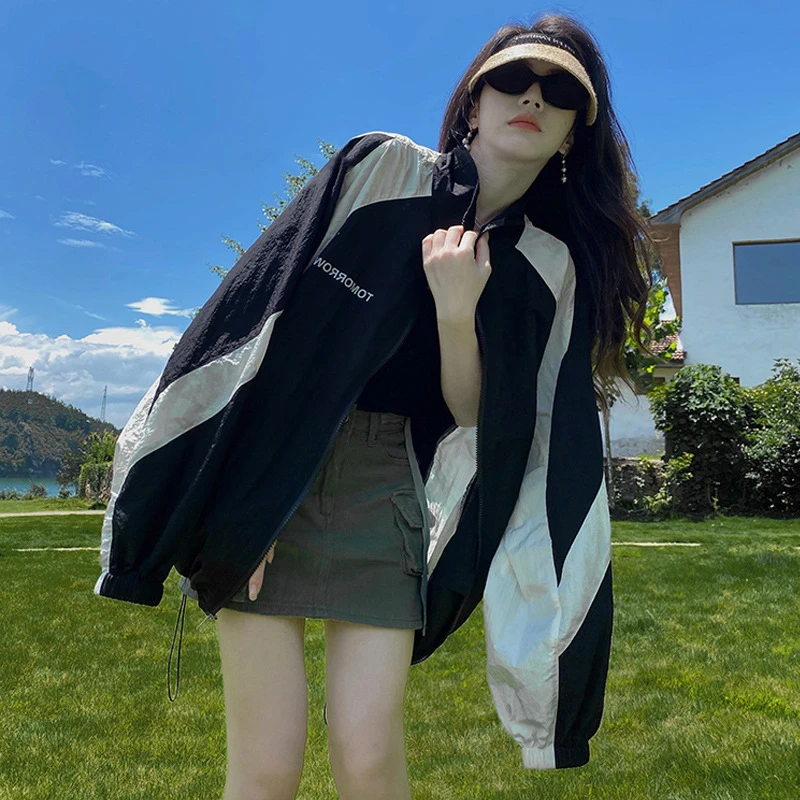 女款春季潮流新款宽松显瘦立领黑白配色薄款休闲拉链冲锋衣外套