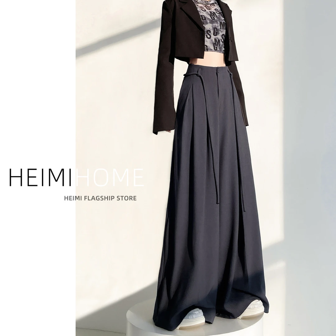 复古灰色绑带宽松阔腿裤女春秋高腰大裤脚休闲长裤垂感压褶西装裤