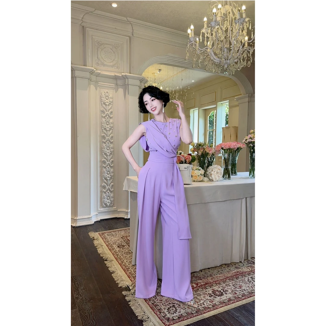 LYXJ【普鲁士晚宴】烫钻套装2025夏季新款收腰显瘦烫钻阔腿裤套装