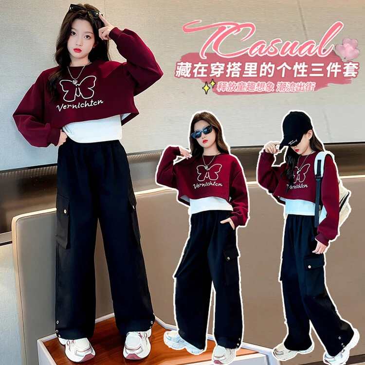 女童春秋新款洋气儿童休闲工装裤时尚韩系中大童蝴蝶卫衣三件套