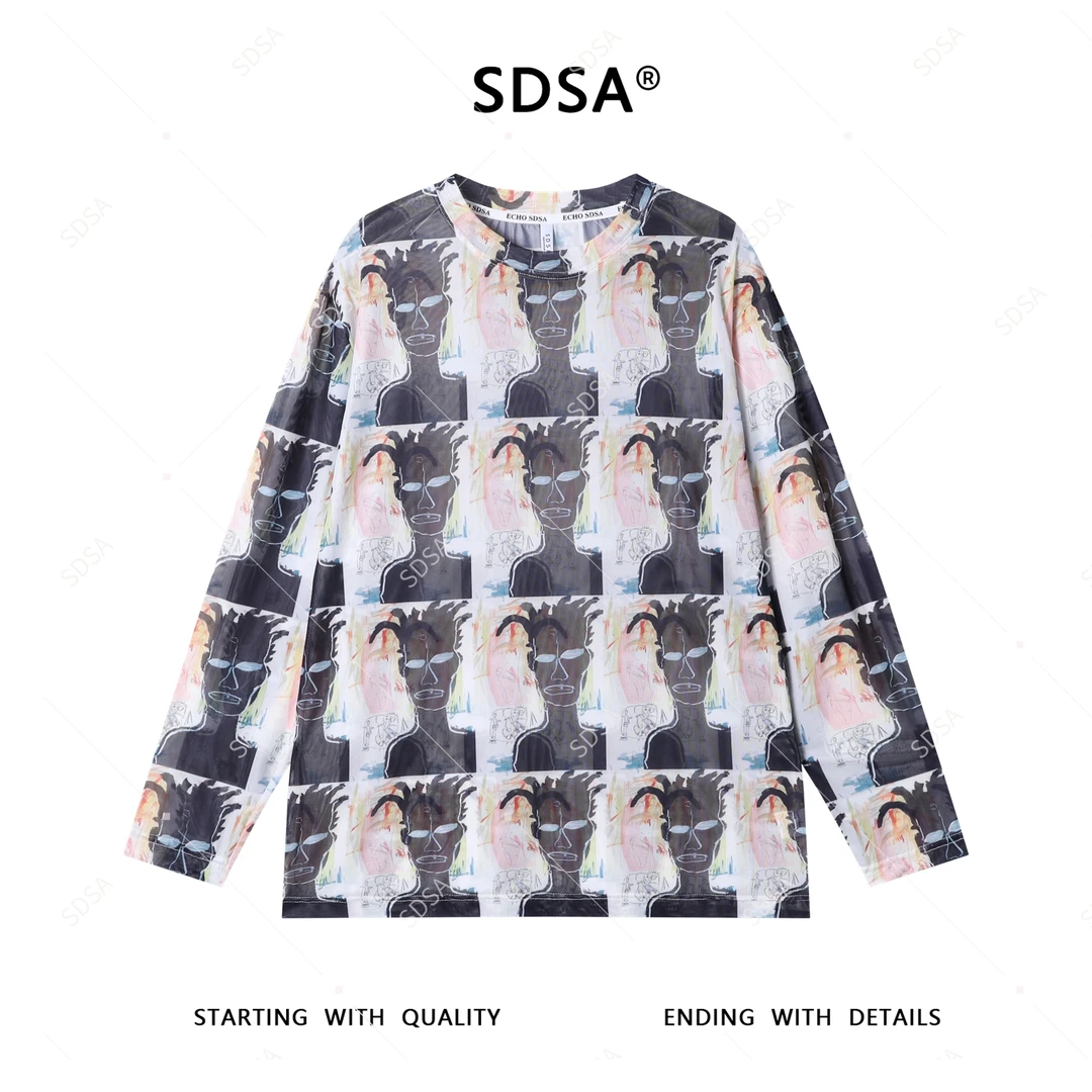 SDSA秋季新款男士痞帅潮牌抽象手绘人像图案圆领长袖T恤百搭时尚