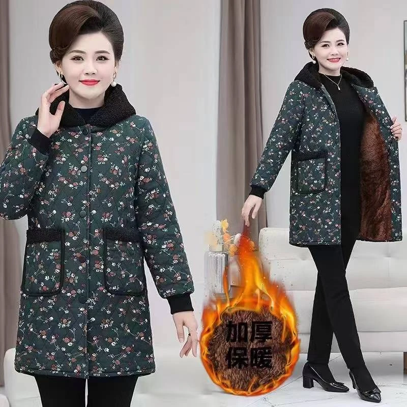 7950-妈妈冬装碎花外套加绒加厚女装保暖棉服连帽棉袄【老仓库2楼】