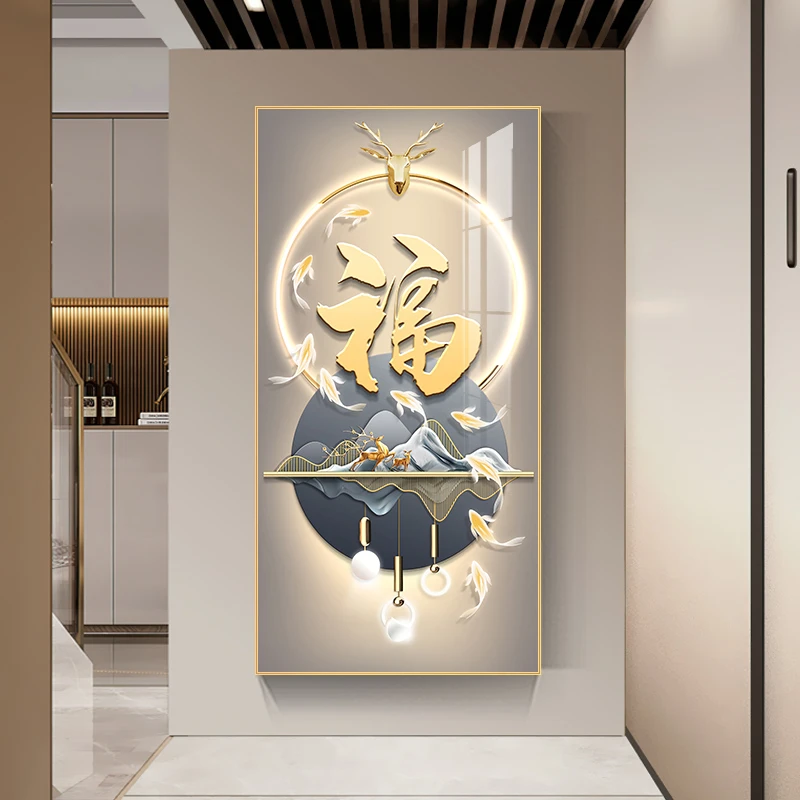 福禄吉祥轻奢玄关装饰画现代简约带灯入户走廊挂画大气壁画