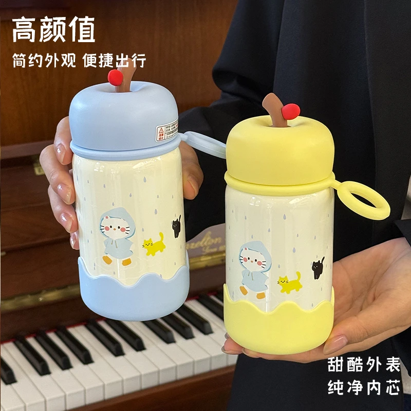 恒度雨衣小猫保温杯小巧苹果水杯子爆款2025新款女生高颜值直饮杯