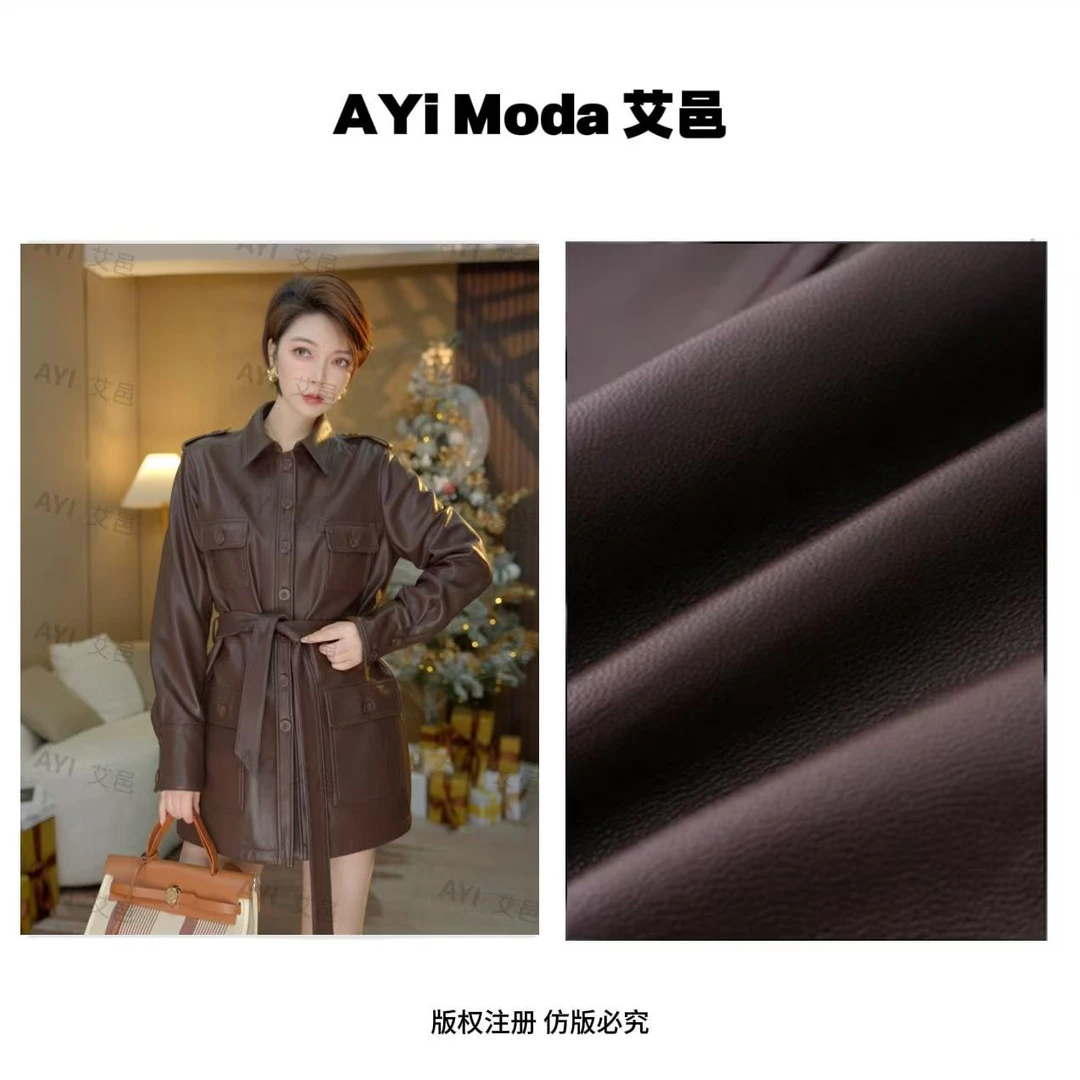 艾邑25春季新款真皮绵羊皮收腰中长款皮风衣外套2411-