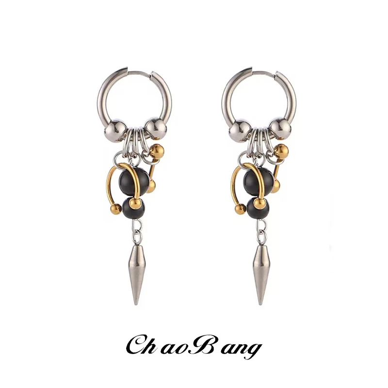 钛钢耳饰 朋克风金色圆锥耳环男小众高级感配饰流苏耳坠嘻哈饰品