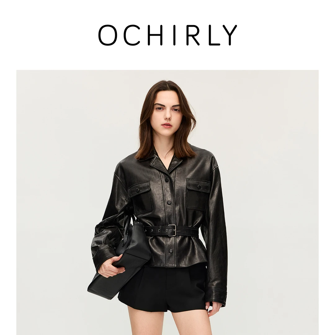 【新品】OCHIRLY欧时力绵羊皮夹克皮衣真皮外套配腰带短款25秋冬