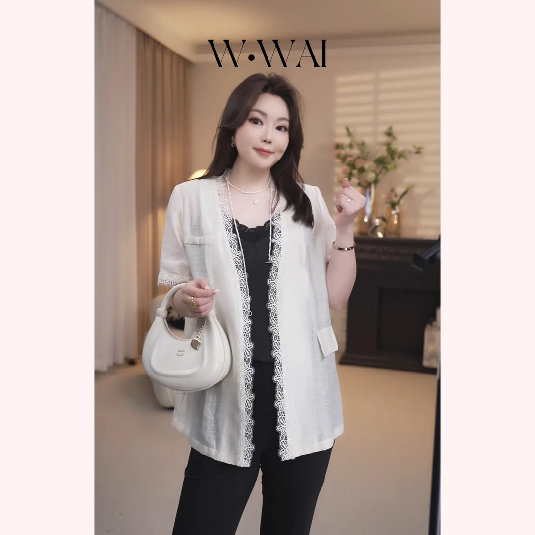 【夏木】显瘦小香风天丝醋酸亚麻蕾丝花边短袖西装外套 X52W668
