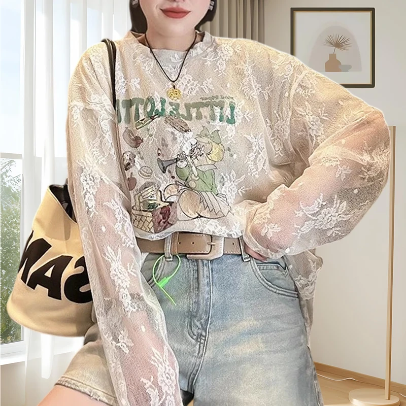 欧若风2025打底衫春秋轻奢风宽松百搭小众女装重工蕾丝拼接打底衫