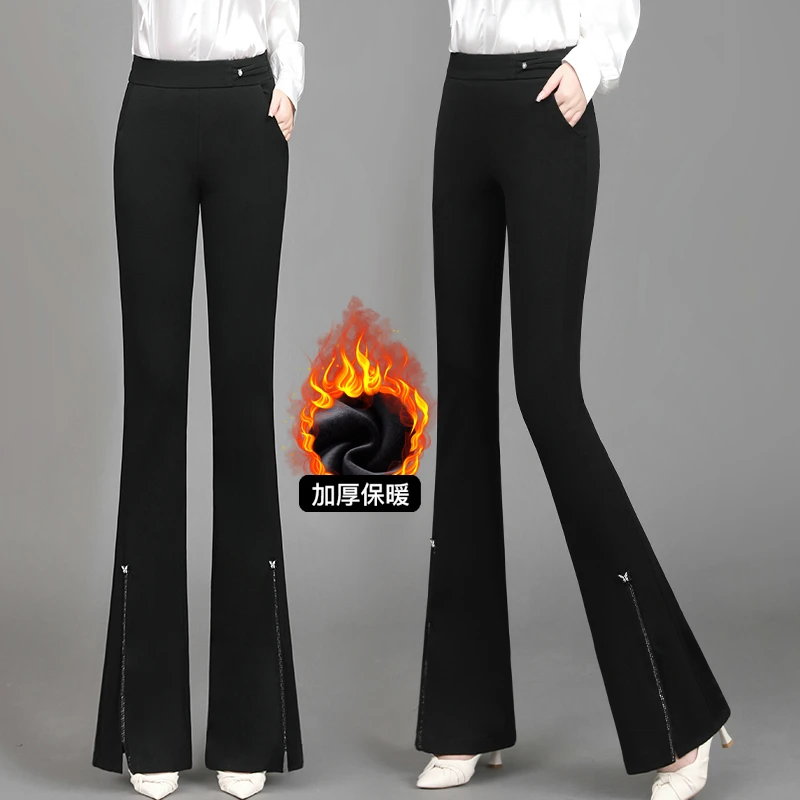 黑色高腰微喇叭裤女2025秋冬新款开叉显瘦时尚百搭外穿休闲长裤子