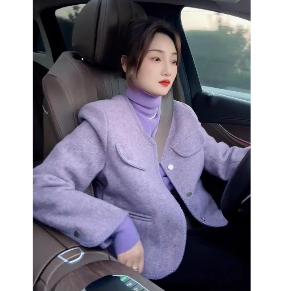 新款今年流行的小个子独特超好看紫色小香风短款外套女春秋季