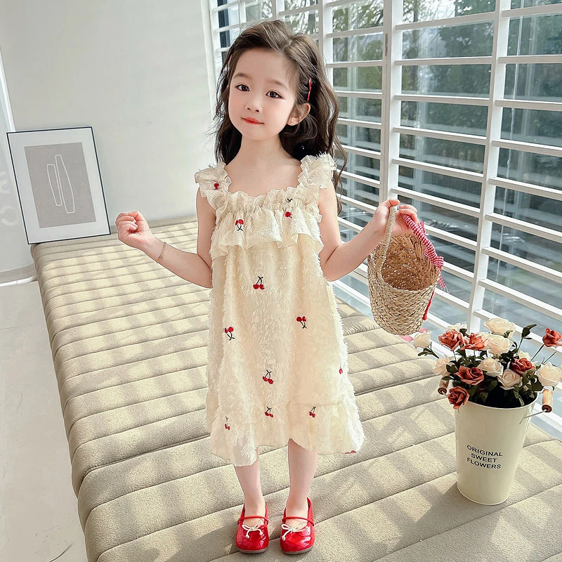 女小童连衣裙夏季新款周岁宝宝小礼服樱桃公主流苏公主裙吊带裙子
