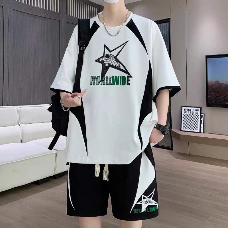 休闲套装男士夏季薄款短袖t恤青少年宽松大码短裤帅气运动服全套