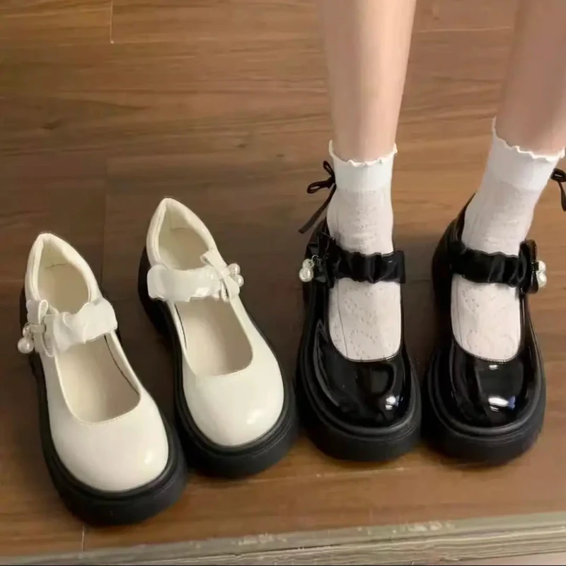 可爱法式厚底玛丽珍小皮鞋女2025新款春秋配裙子圆头珍珠粗跟单鞋