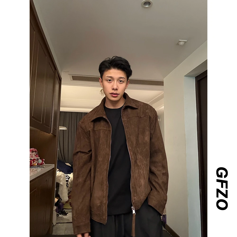 巴恩风复古麂皮感外套男美式休闲翻领正肩百搭行政夹克上衣