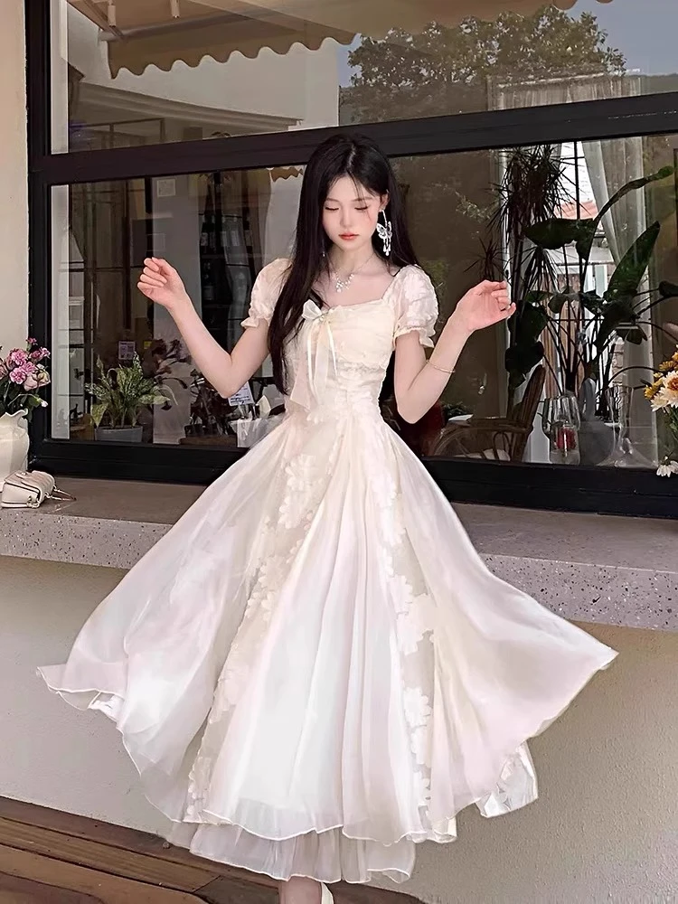 公主风网纱拼接连衣裙女夏日绝美小裙子泡泡袖法式白月光仙气长裙