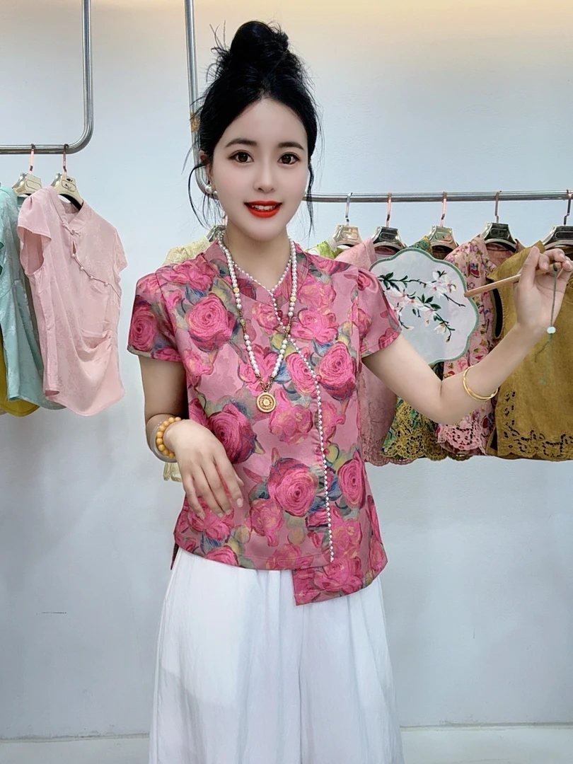 新中式国风套装提花中式女时尚减龄气质百搭女士短袖款唐装阔腿裤