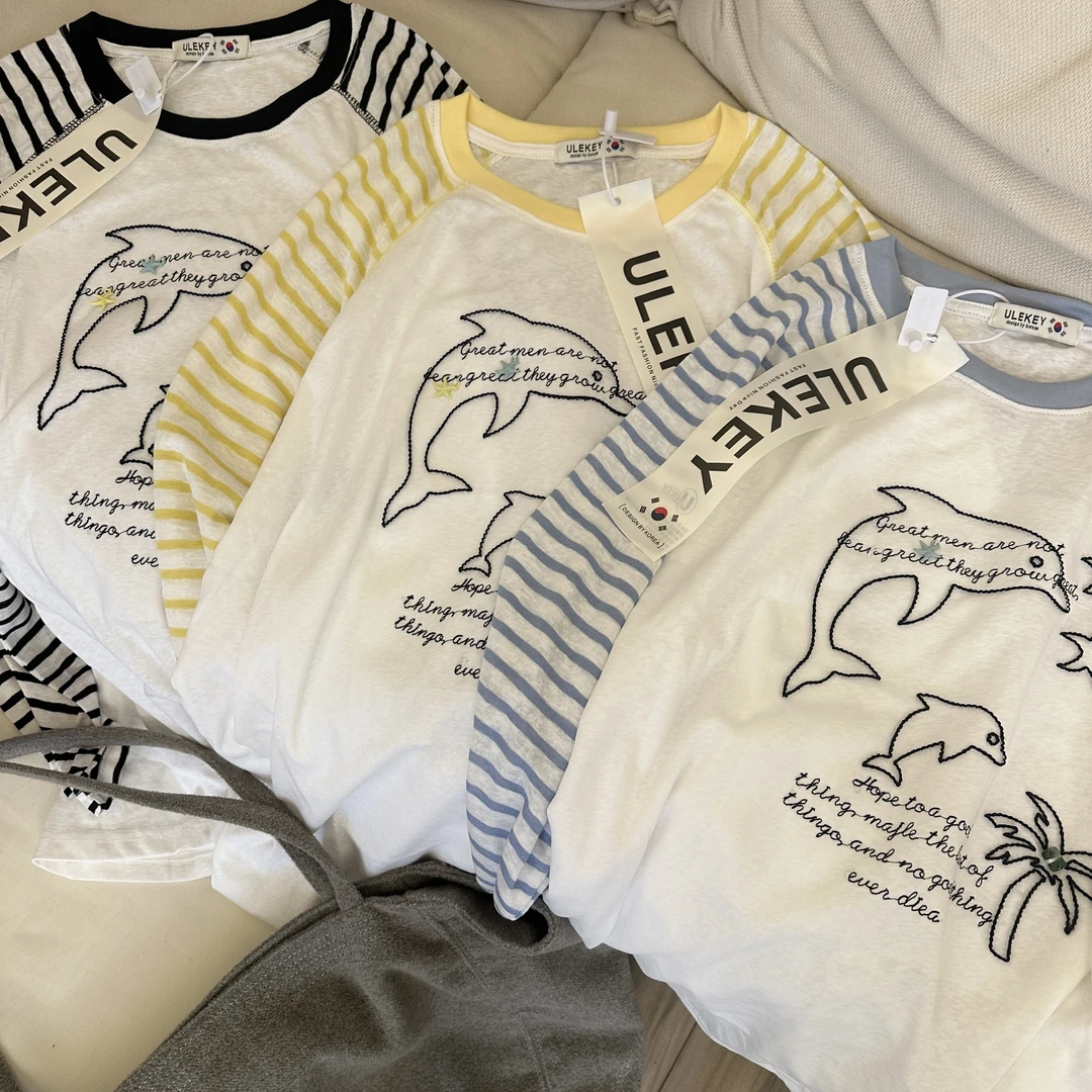 千万祖贤「 卡通条纹」韩国防晒百搭刺绣宽松长袖t恤打底衫女#5521