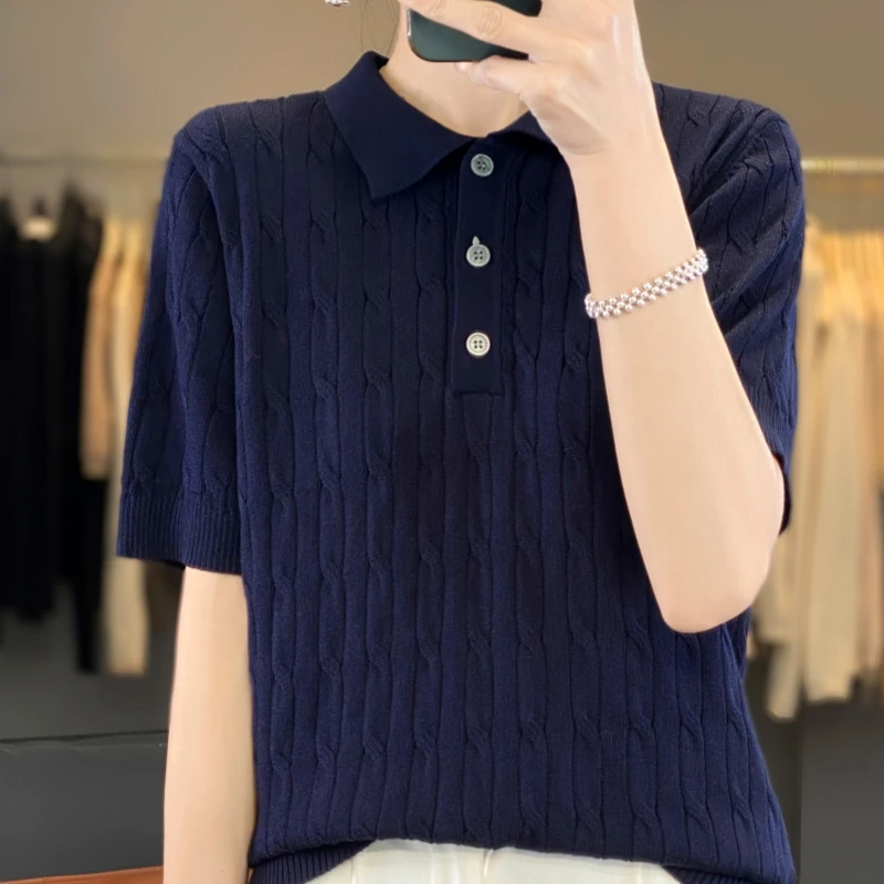 春夏季新款经典麻花PLLO领女士针织短袖中袖T恤衫纯色套头薄款