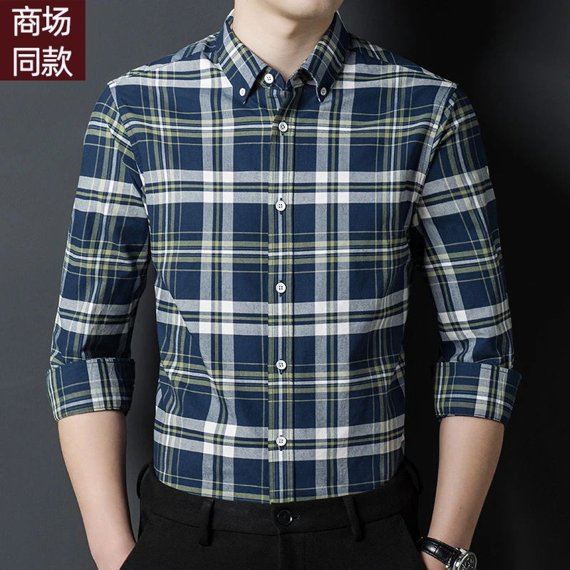 鄂尔多斯市男士商务休闲格子男长袖春秋衬衫上衣中青年薄款中年