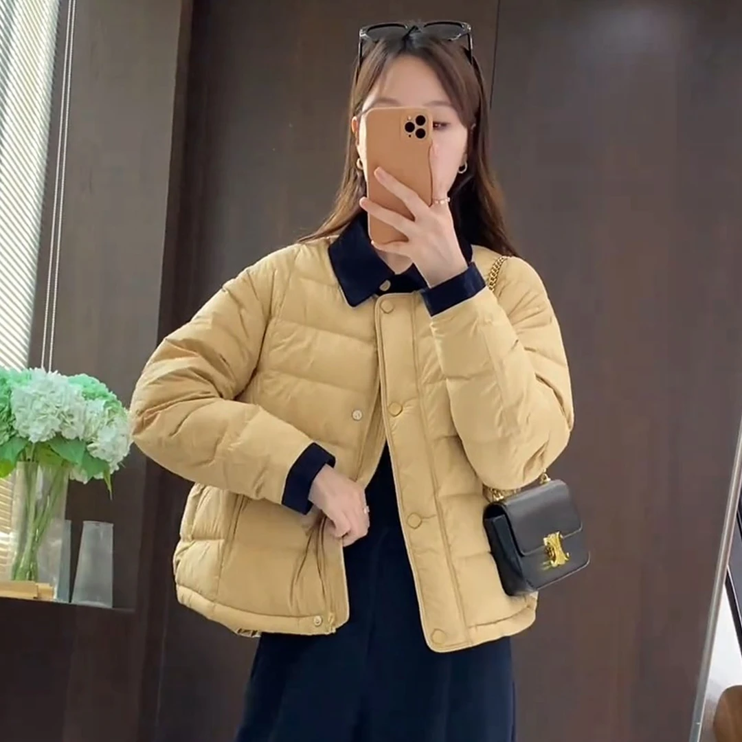 韩版翻领撞色拼接简约棉衣2025秋冬新款时尚宽松遮肉百搭加棉外套