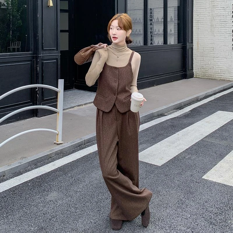 美拉德马甲阔腿长裤三件套女2025春季新款盐系轻熟穿搭高级感套装