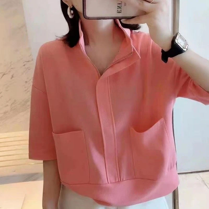 夏季新款爆款高档洋气卫衣外套女欧货气质百搭半拉链短袖女装t恤