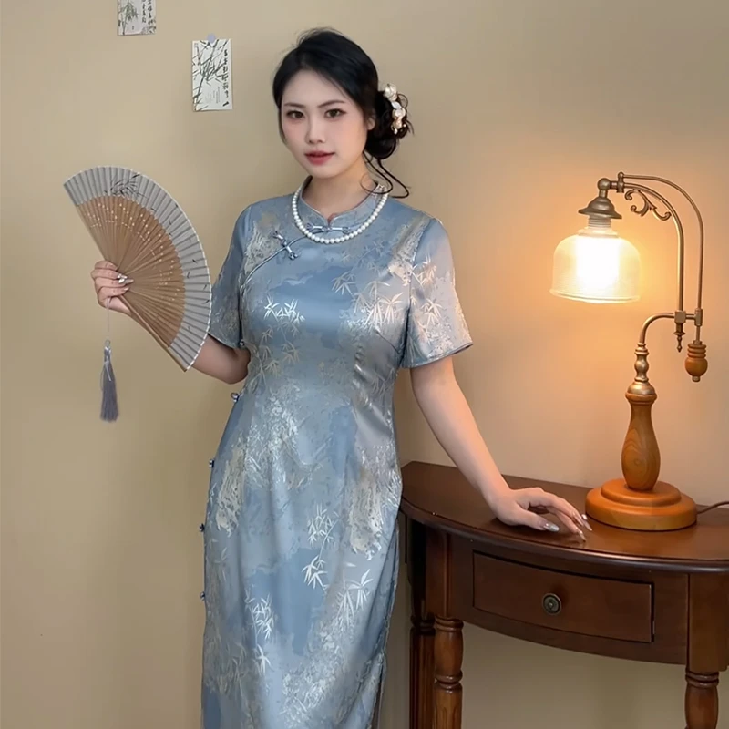 云水【自制款】蓝色提花小清新大码胖mm新中式旗袍年轻连衣裙显瘦