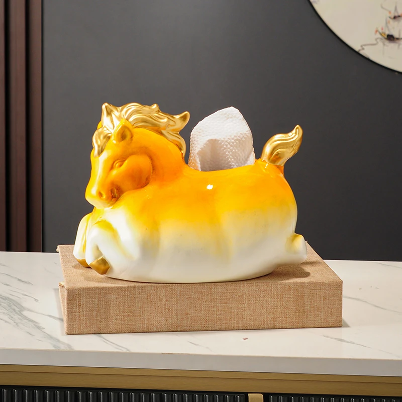 新中式高级创意陶瓷马造型纸巾盒轻奢高档家用客厅茶几抽纸盒收纳